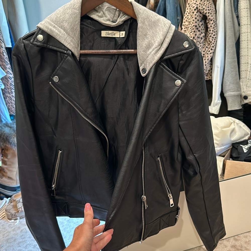 Faux leather jacket with detachable hood